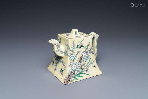 A Chinese verte biscuit yellow-ground teapot and cover, 19th...