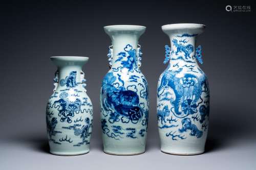 Three Chinese blue and white and celadon-ground 'Buddhist li...