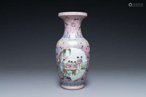 A large Chinese famille rose vase with ladies in a garden, R...