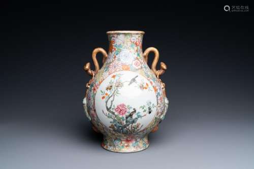 A Chinese famille rose millefleurs 'hu' vase, Qianlong mark,...
