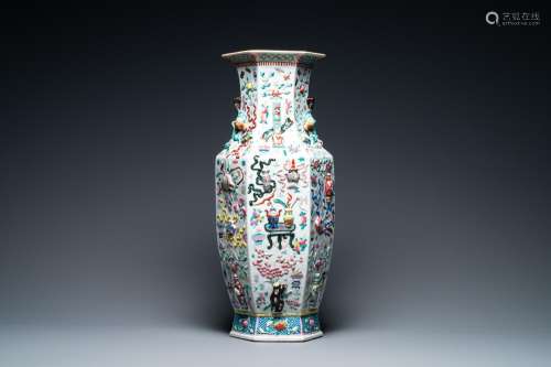 A Chinese hexagonal famille rose 'antiquities' vase, 19th C.