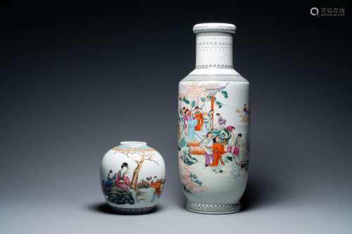 A Chinese famille rose 'immortals' vase and a jar with a lad...