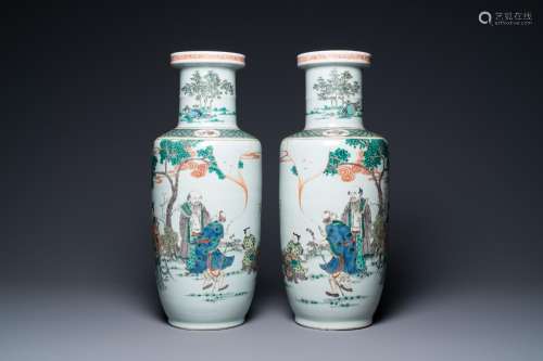 A pair of Chinese famille verte rouleau vases, Kangxi mark, ...
