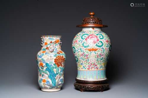 A Chinese famille verte vase and a famille rose vase with wo...