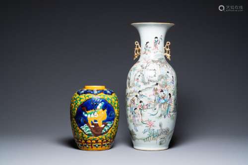 A Chinese two-sided design vase and a biscuit vase with myth...