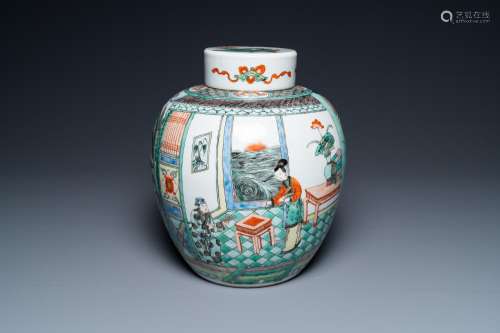 A large Chinese famille verte jar and cover, 19th C.