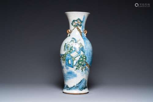 A Chinese Nanking crackle-glazed vase with polychrome design...