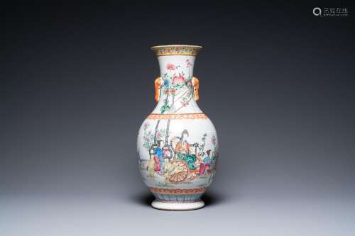 A Chinese famille rose 'deer carriage' vase, 19th C.