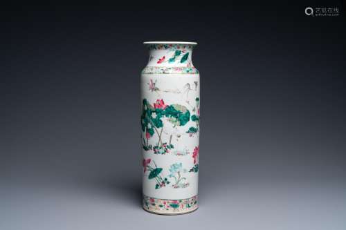 A Chinese famille rose rouleau vase with butterflies and cra...