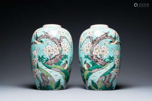 A pair of Chinese verte biscuit turquoise-ground jars, 19th ...