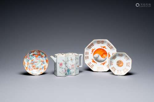 Four Chinese famille rose and iron-red-decorated porcelain w...
