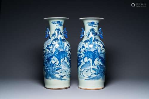 A pair of Chinese blue and white celadon-ground vases with r...