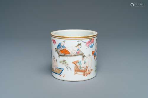 A Chinese famille rose 'erotic subject' brush pot, 1st half ...