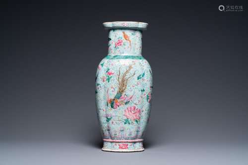 A Chinese famille rose turquoise-ground vase, 19th C.