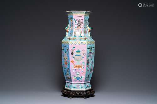 A Chinese hexagonal famille rose 'antiquities' vase, 19th C.