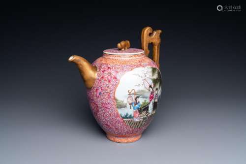 A tall Chinese famille rose wine ewer and cover, Qianlong ma...