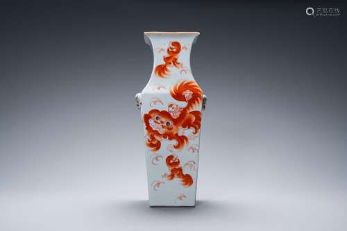 A Chinese square iron-red 'Buddhist lions' vase, 19th C.
