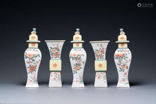 A Chinese famille verte five-piece garniture with floral des...