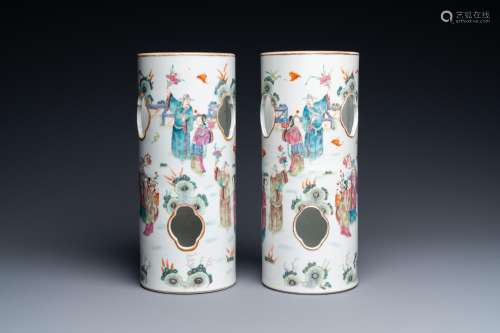 A pair of reticulated Chinese famille rose hat stands, Daogu...
