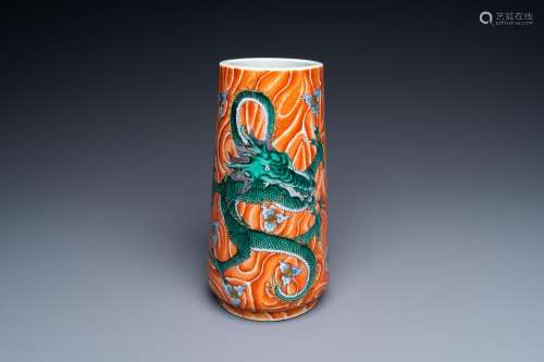 A Chinese tapered cylindrical faux-bois-ground famille verte...