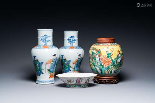 A pair of Chinese famille verte vases, a yellow-ground jar a...
