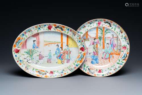 A fine oval Chinese Canton famille rose dish and a round dis...