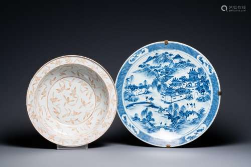 A large Chinese blue and white dish and a floral bowl, 19th ...