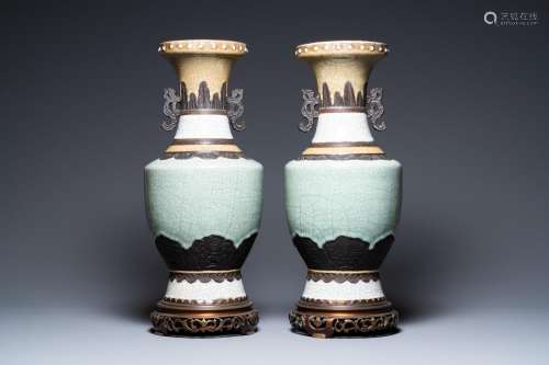 A pair of Chinese Nanking crackle-glazed vases on bronze sta...