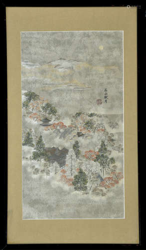石山秋月图织锦刺绣  包框  日本回流