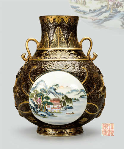 古铜釉开窗山水人物双耳尊  早期购于香港拍卖公司