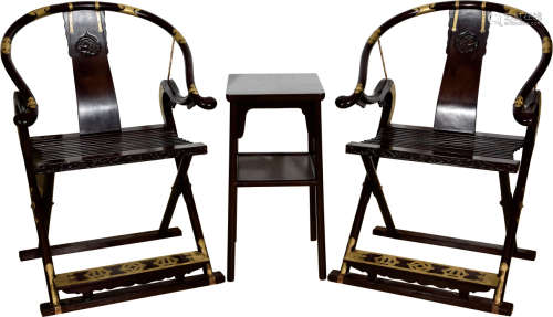 紫檀镶铜交椅  2椅1几