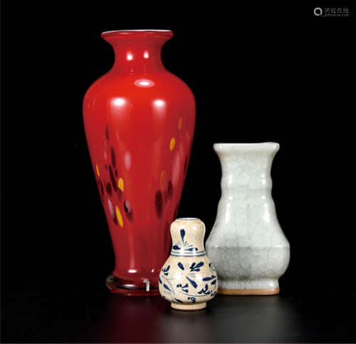 琉璃花瓶/哥釉扁瓶/磁州窑葫芦瓶  一组3件