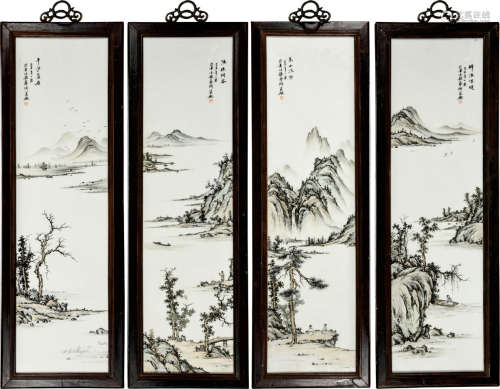 浅绛彩山水瓷板  一组4幅  艺术瓷厂制