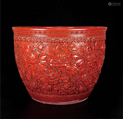 红釉雕刻花开富贵大缸