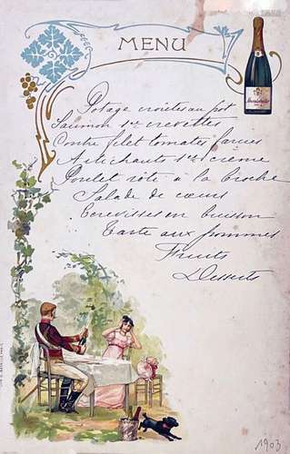 Champagne Montebello Menu 1903 (Couple )Bataille  Paris   Na...