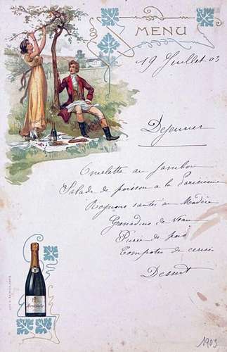 Champagne Montebello Menu 1903 (Couple debout )Bataille  Par...