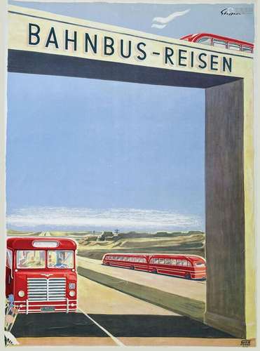 Bahnbus - ReisenWER     Affiche entoilée/  Vintage Poster on...