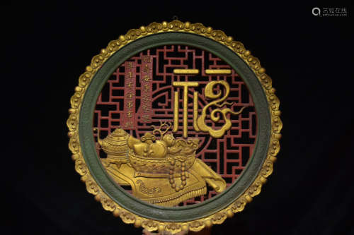 旧藏 香樟木福字描金圆形挂匾