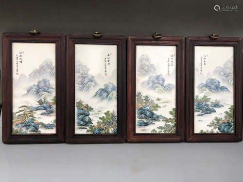 旧藏 红木镶瓷板画粉彩山水