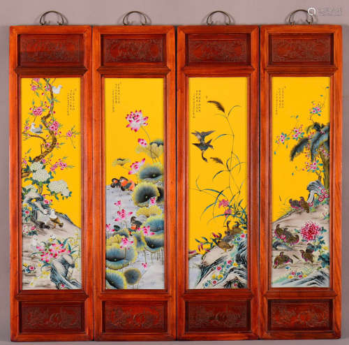 红木雕花框镶黄底粉彩瓷板画《四季花鸟》挂屏一组