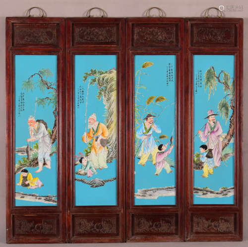 红木雕花框镶蓝底粉彩人物瓷板《渔翁得利》挂屏一组
