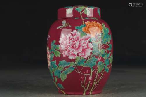 清雍正 胭脂红地珐琅彩折枝花卉纹盖罐