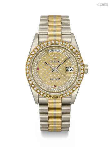 ROLEX. A VERY RARE AND ATTRACTIVE THREE COLOUR GOLD, DIAMOND...