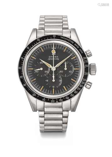 OMEGA. AN EXTREMELY RARE STAINLESS STEEL CHRONOGRAPH WRISWAT...