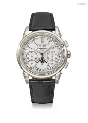 PATEK PHILIPPE. A RARE 18K WHITE GOLD PERPETUAL CALENDAR CHR...