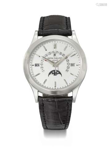 PATEK PHILIPPE. AN ELEGANT PLATINUM AUTOMATIC PERPETUAL CALE...