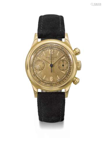 PATEK PHILIPPE. A VERY RARE AND ATTRACTIVE 18K GOLD CHRONOGR...