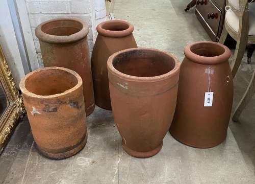 Five circular terracotta rhubarb forcers, largest height 56c...