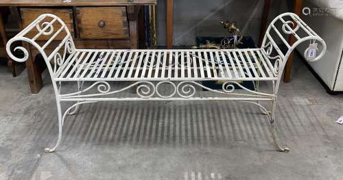 A painted wrought iron scroll end garden bench, length 130cm...