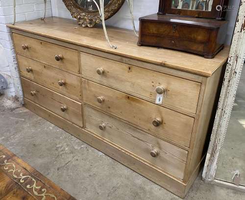 A late Victorian pine six drawer chest, width 182cm, depth 5...